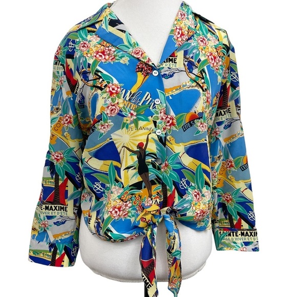 Anthracite by Maggy London Silk Blouse Large French Riviera Waist Tie - Picture 1 of 9